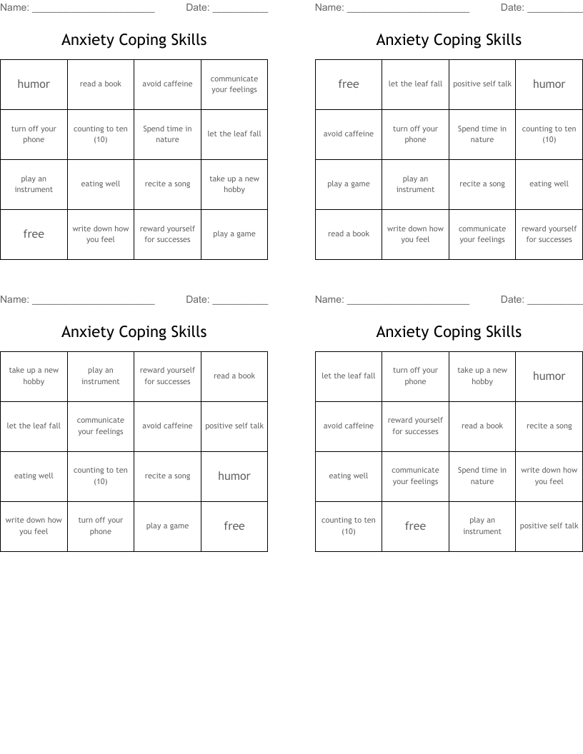 Anxiety Coping Skills Bingo Cards