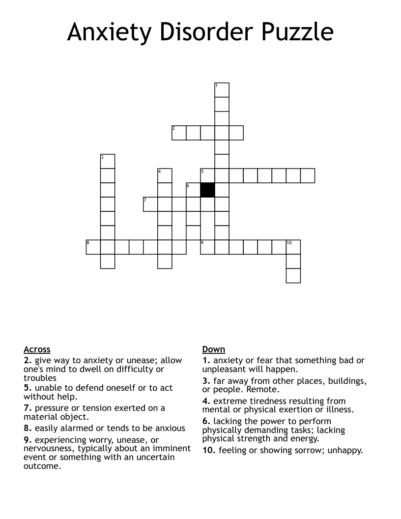 Anxiety Disorder Puzzle Crossword