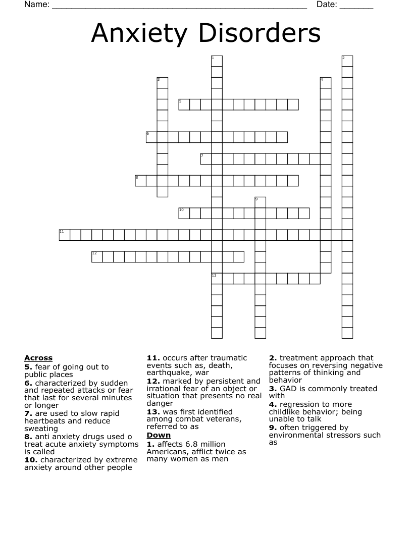 Anxiety Disorders Crossword