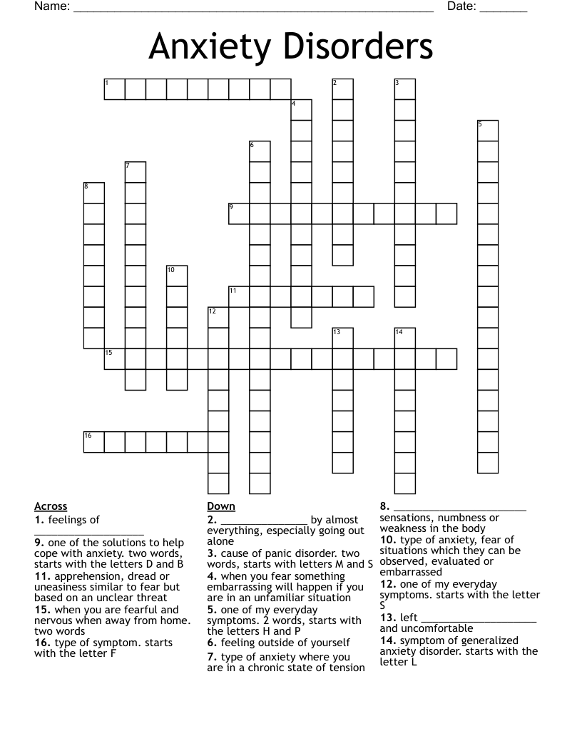 Anxiety Disorders Crossword