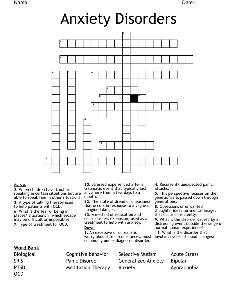 Anxiety Disorders  Crossword