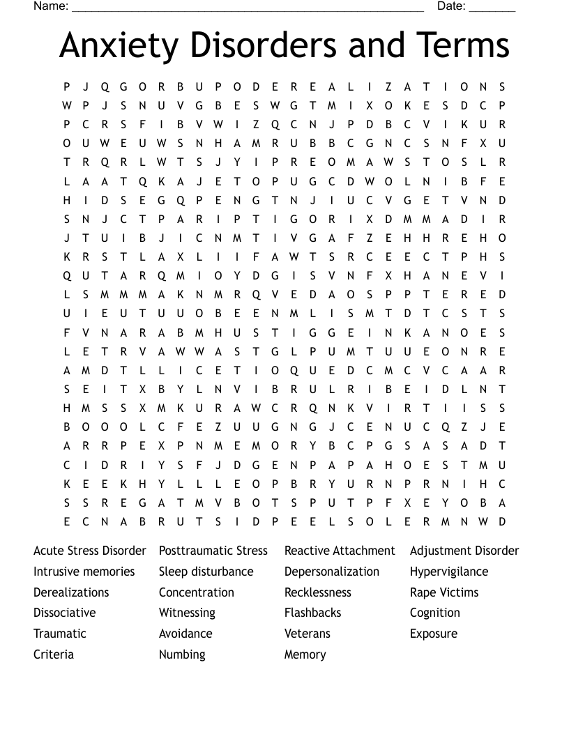 Anxiety Disorders and Terms Word Search