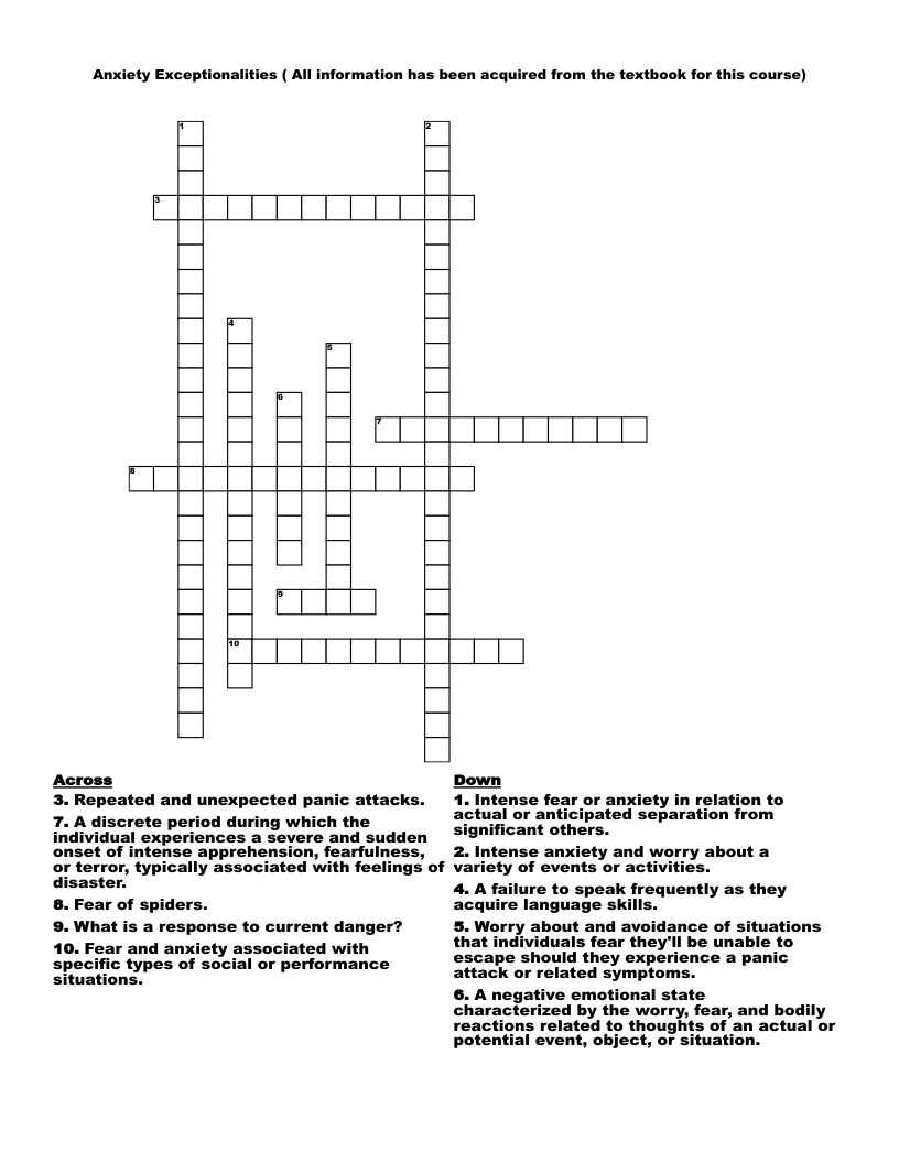 Anxiety Exceptionalities ( All information has been acquired from the textbook for this course) Crossword