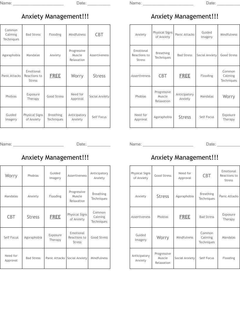 Anxiety Management!!! Bingo Cards