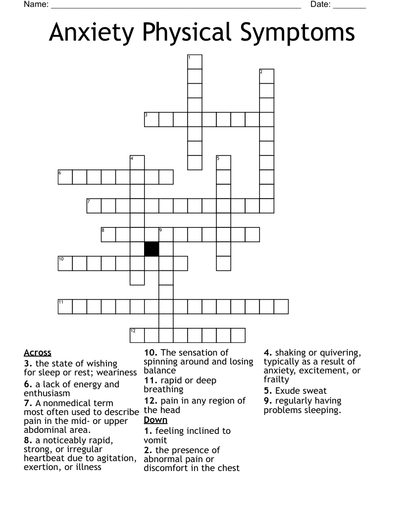 Anxiety Physical Symptoms  Crossword