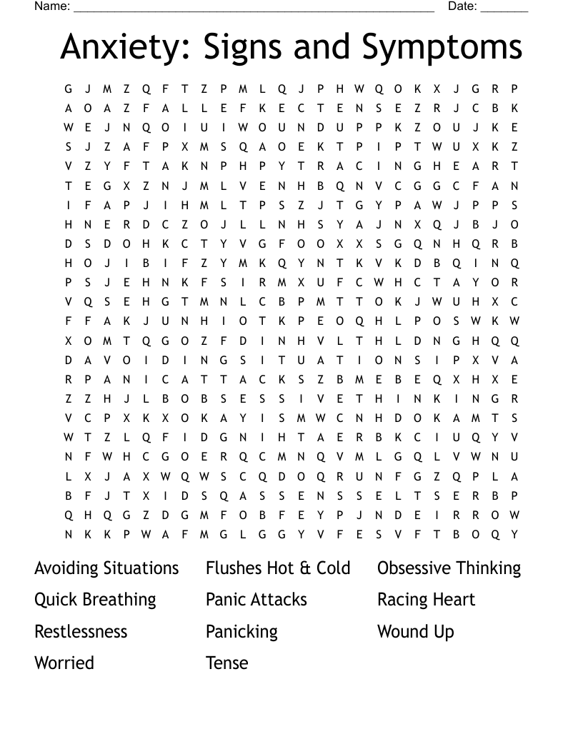Anxiety: Signs and Symptoms Word Search