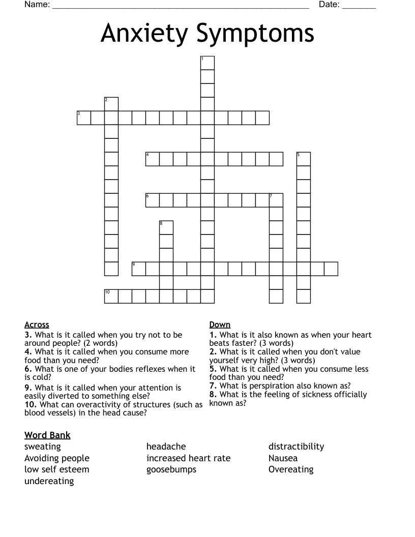 Anxiety Symptoms Crossword
