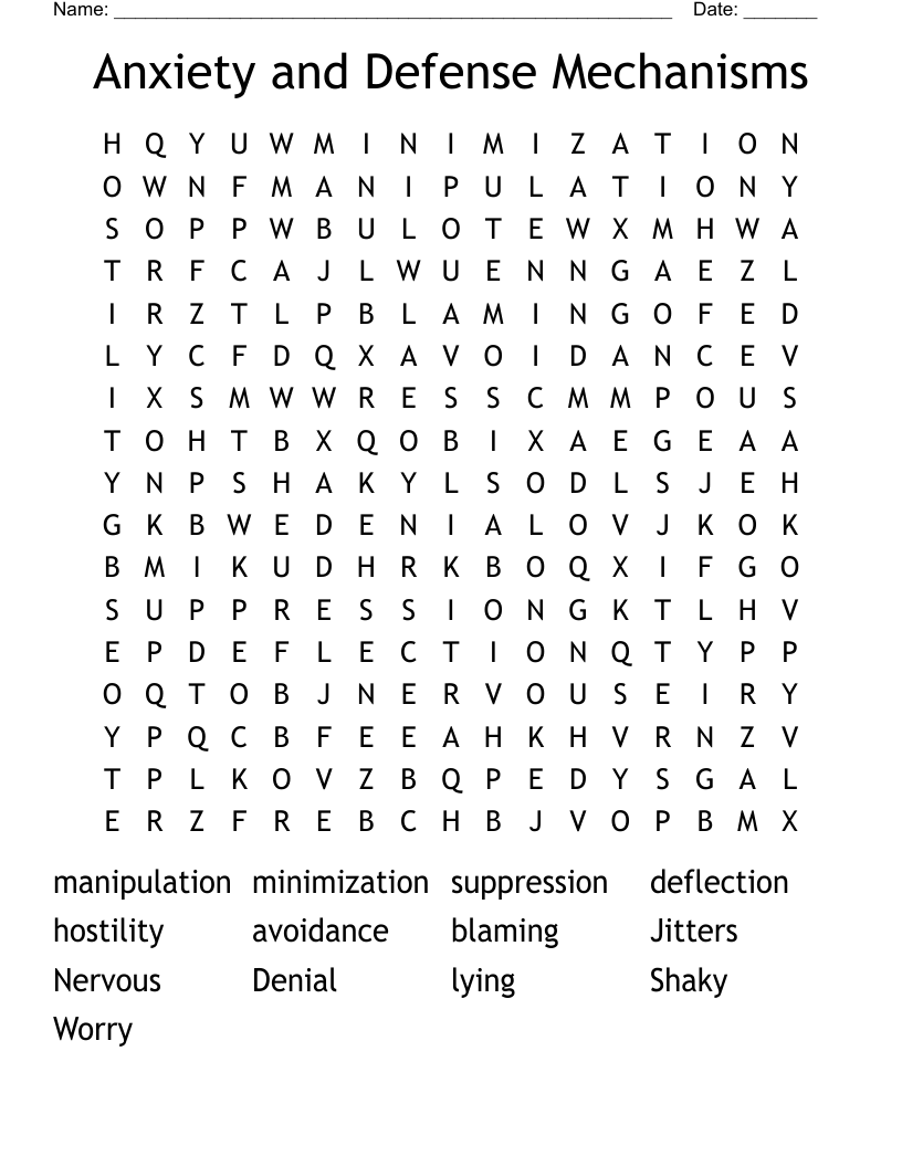 Anxiety and Defense Mechanisms Word Search