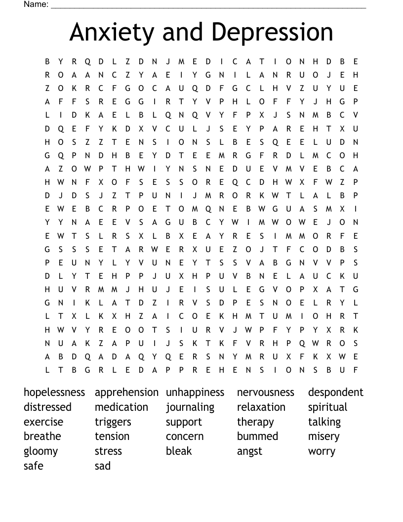 Anxiety and Depression Word Search