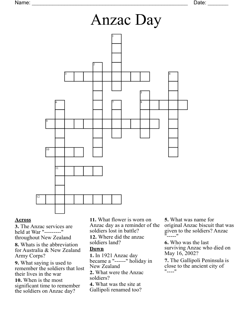 Anzac Day Crossword