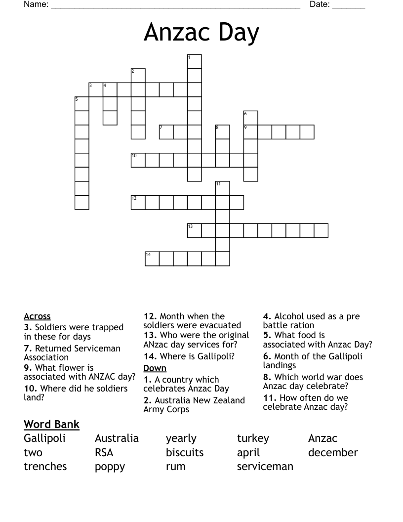 Anzac Day Crossword