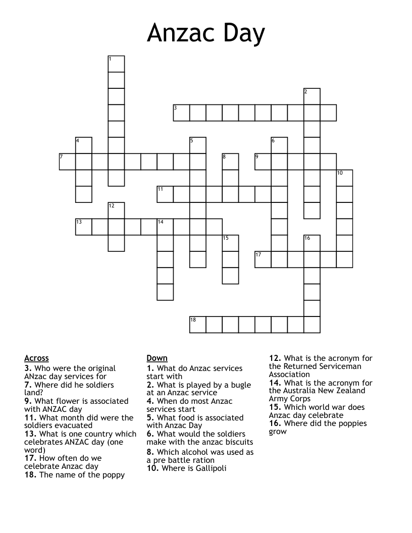 Anzac Day Crossword