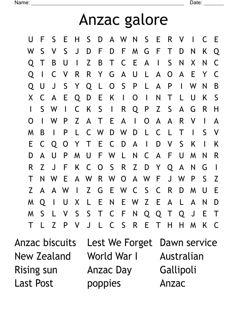 Anzac galore  Word Search