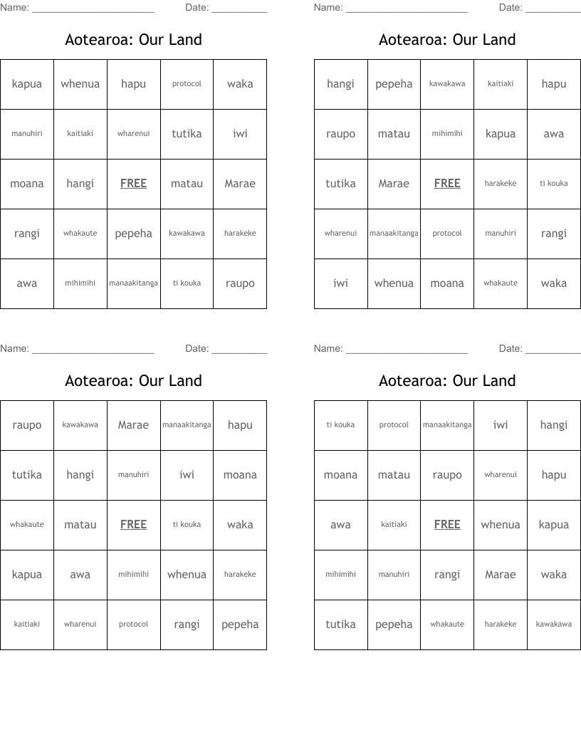 Aotearoa: Our Land Bingo Cards