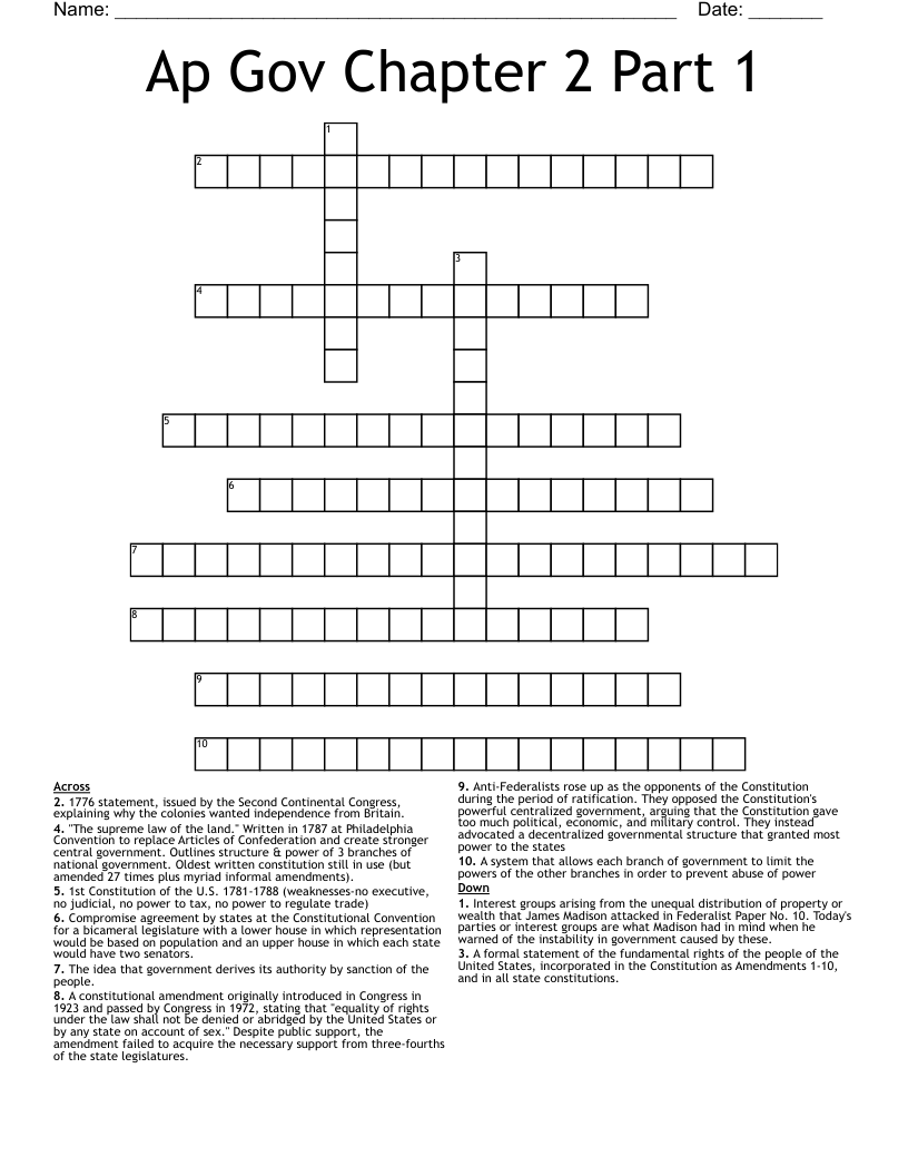 Ap Gov Chapter 2 Part 1 Crossword