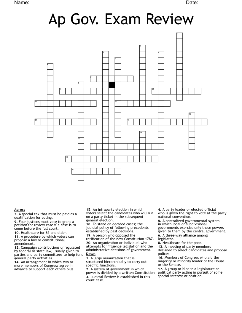 Ap Gov. Exam Review Crossword