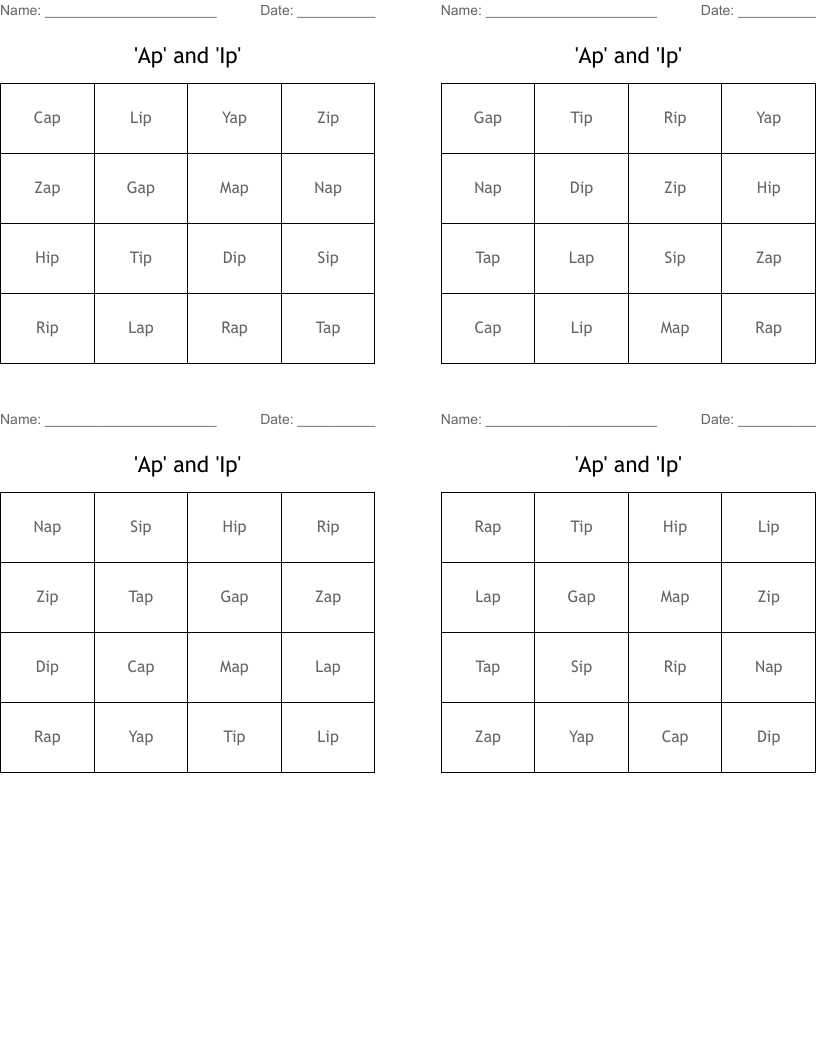 'Ap' and 'Ip' Bingo Cards