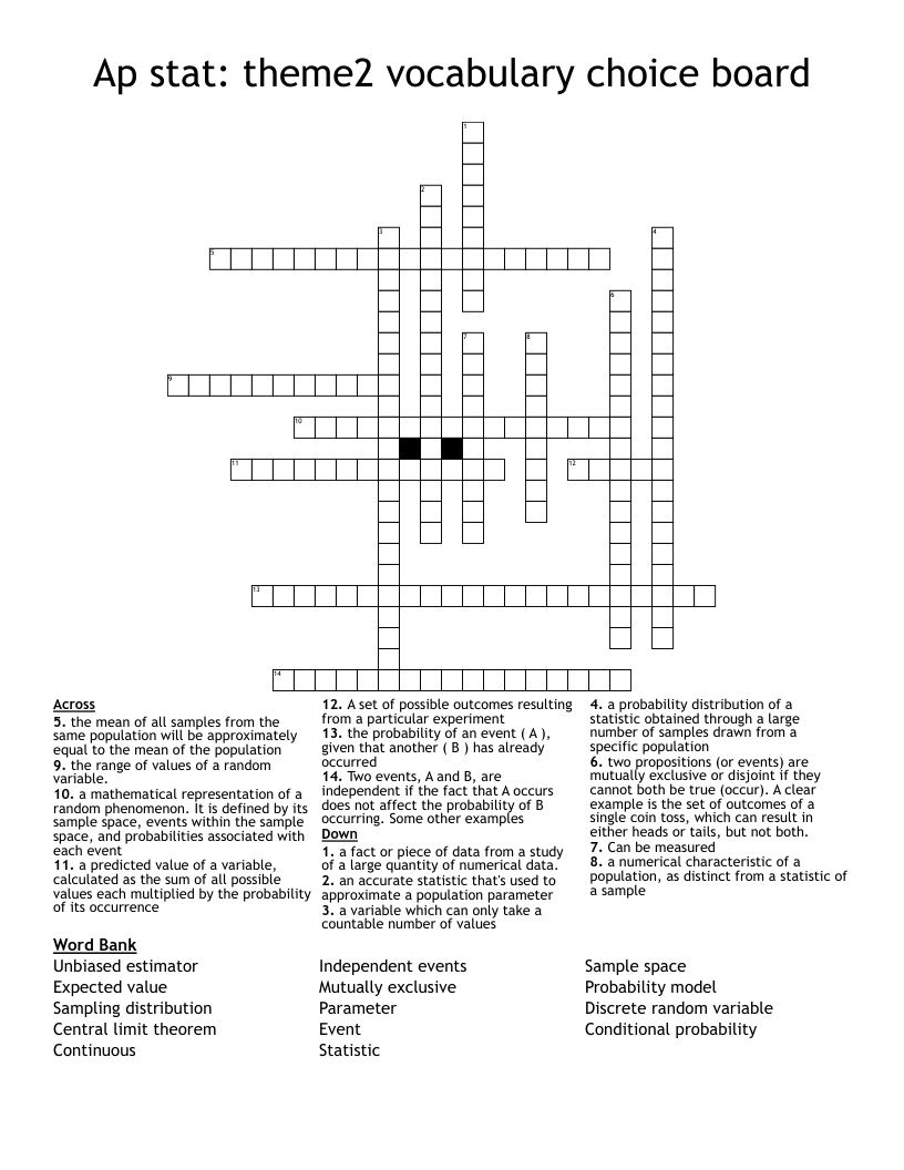 Ap stat: theme2 vocabulary choice board Crossword
