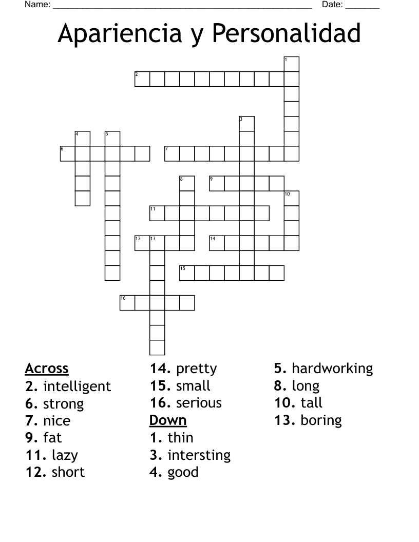 Apariencia y Personalidad Crossword