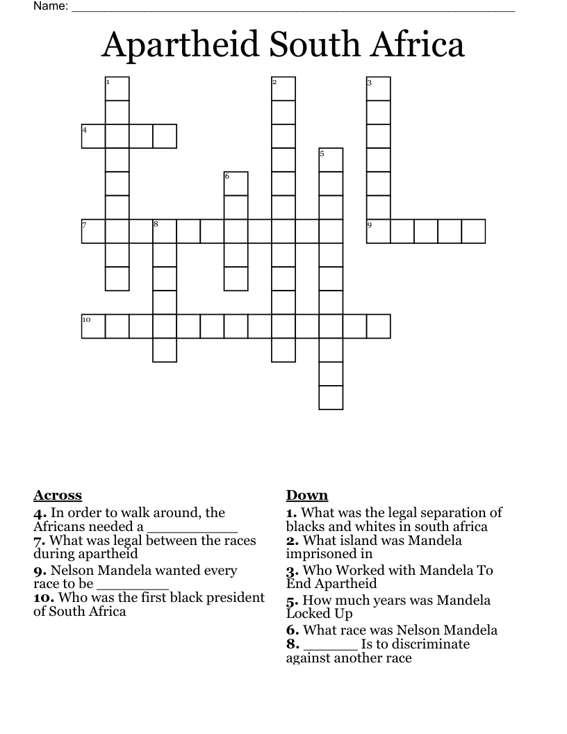 Apartheid South Africa Crossword