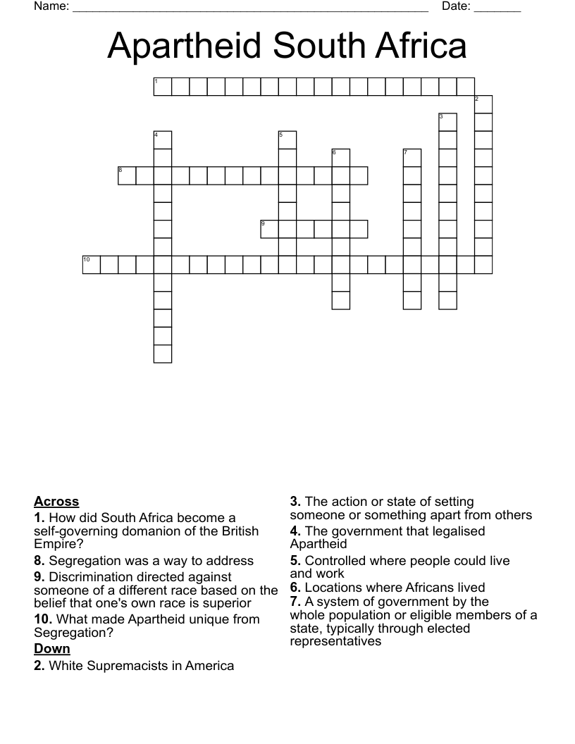 Apartheid South Africa Crossword