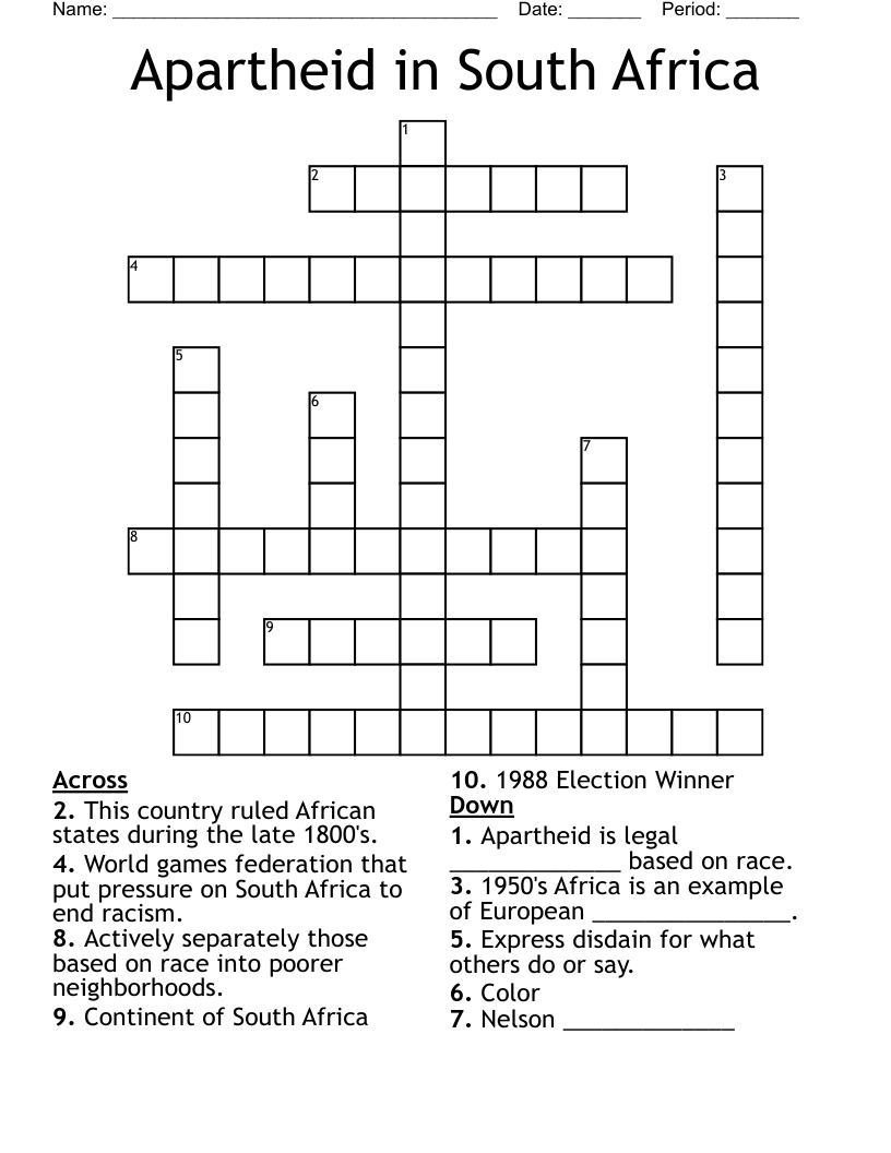 Apartheid in South Africa Crossword