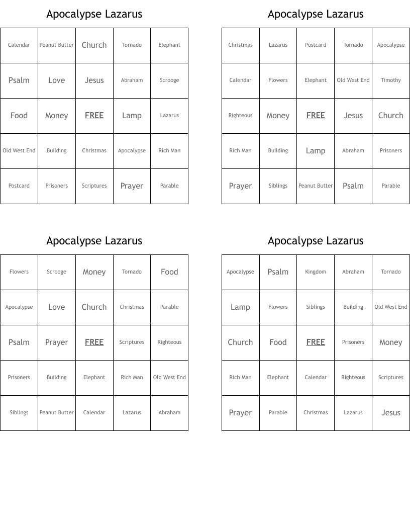 Apocalypse Lazarus Bingo Cards