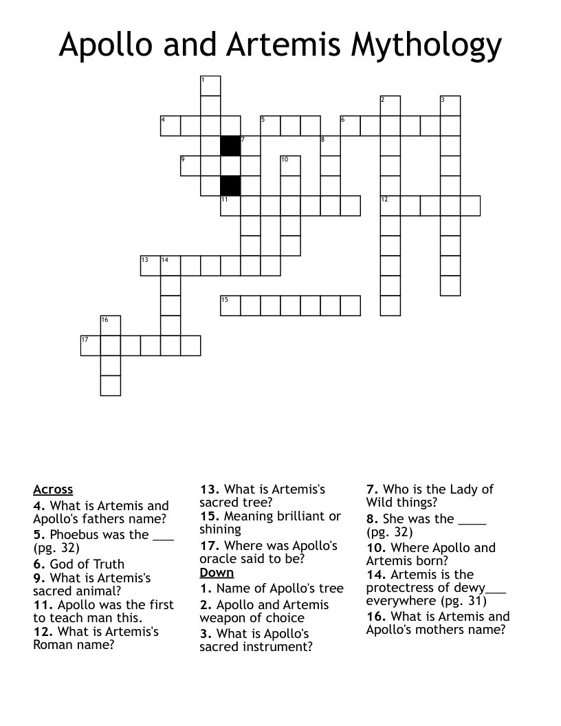Apollo and Artemis Mythology Crossword