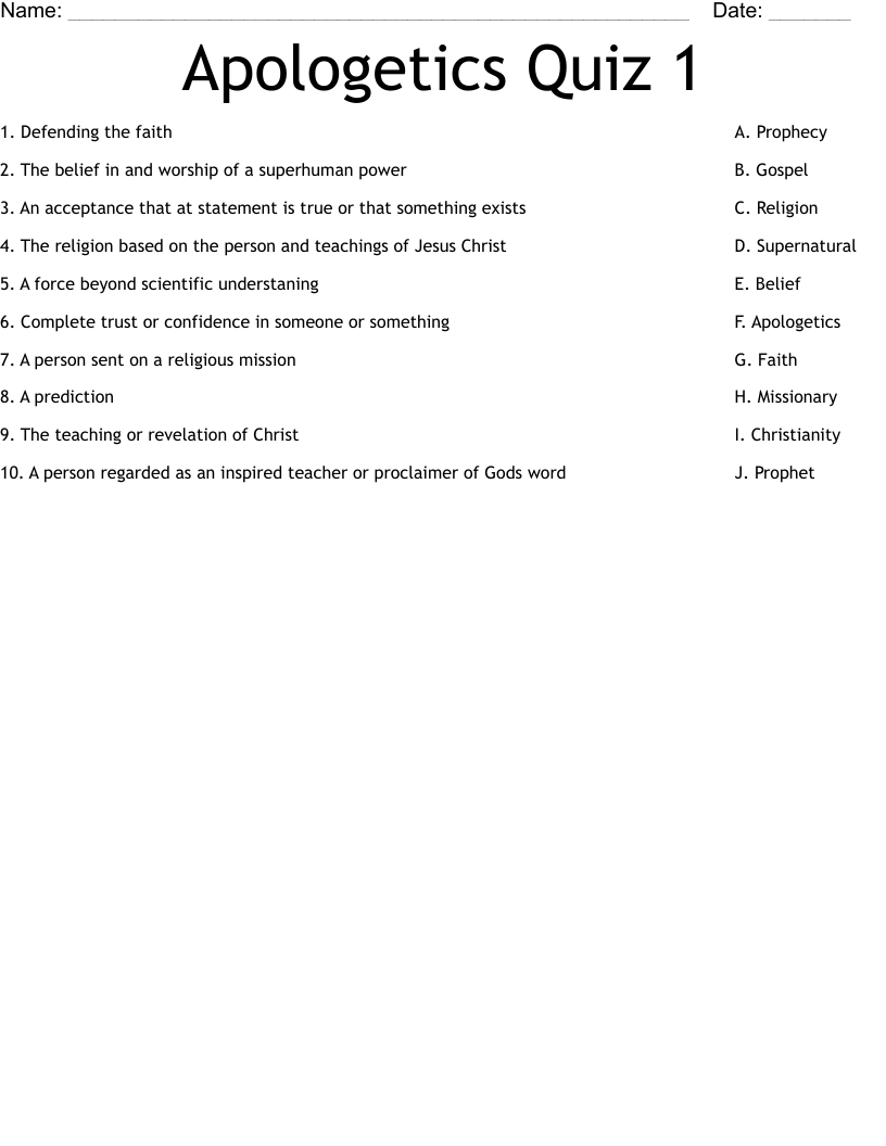 Apologetics Quiz 1 Worksheet