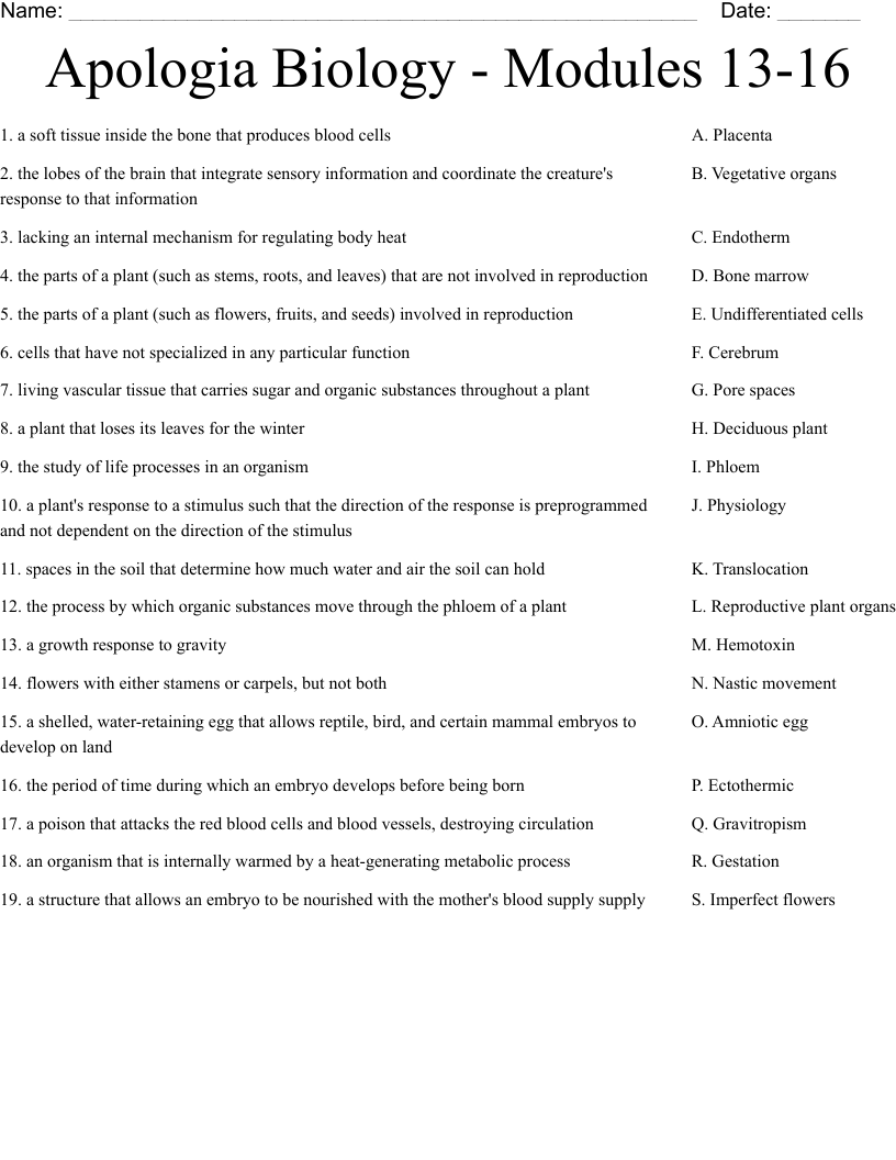 Apologia Biology - Modules 13-16 Worksheet