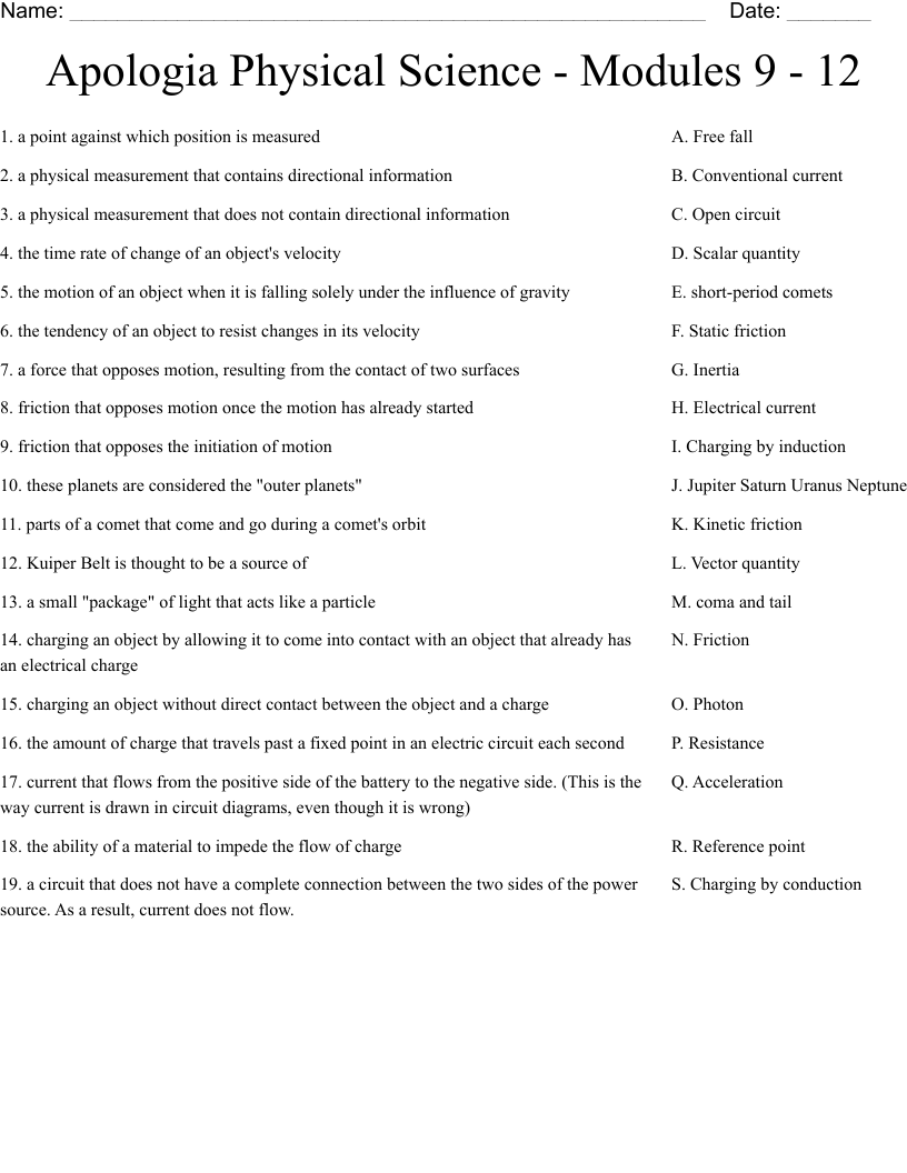 Apologia Physical Science - Modules 9 - 12 Worksheet