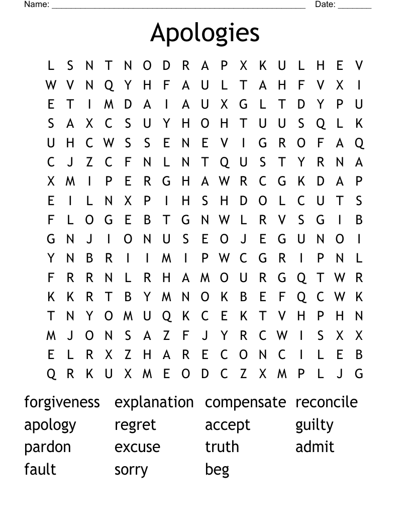 Apologies Word Search