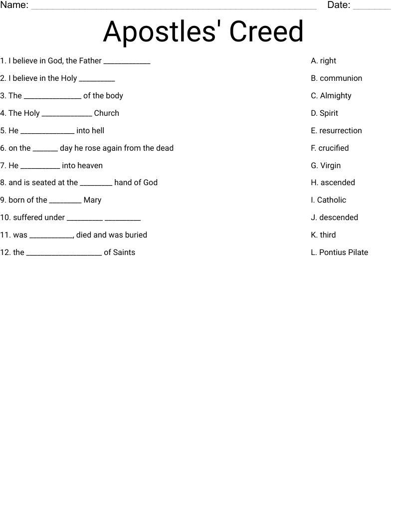 Apostles' Creed Worksheet