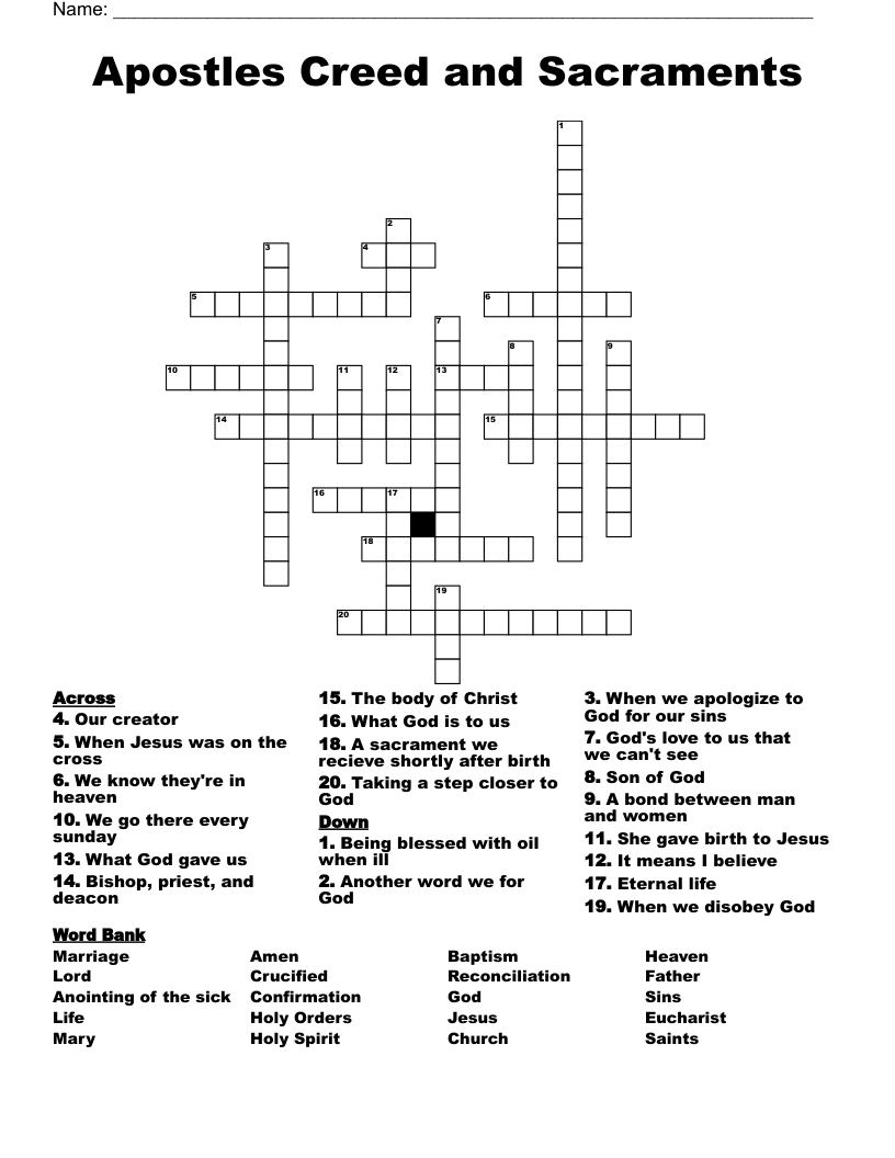 Apostles Creed and Sacraments Crossword