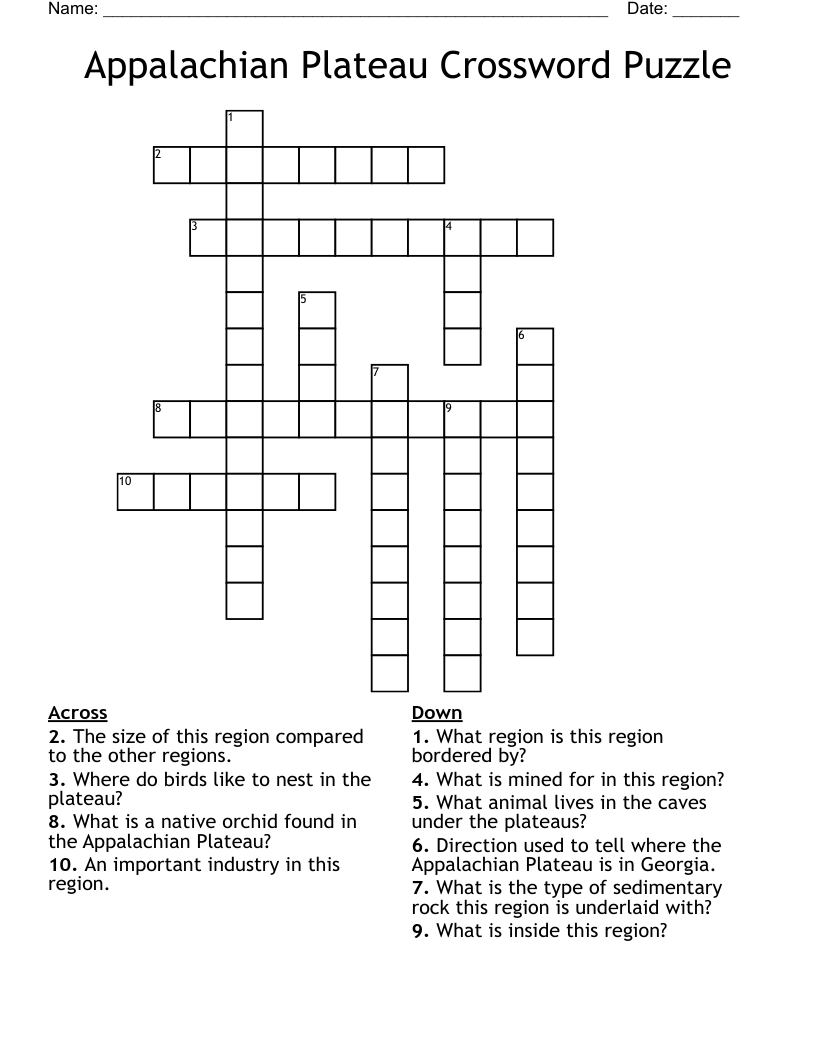 Appalachian Plateau Crossword Puzzle