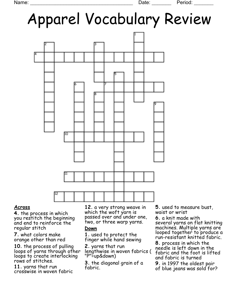 Apparel Vocabulary Review  Crossword