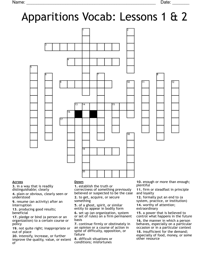 Apparitions Vocab: Lessons 1 & 2 Crossword