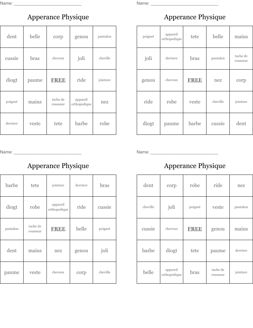 Apperance Physique Bingo Cards