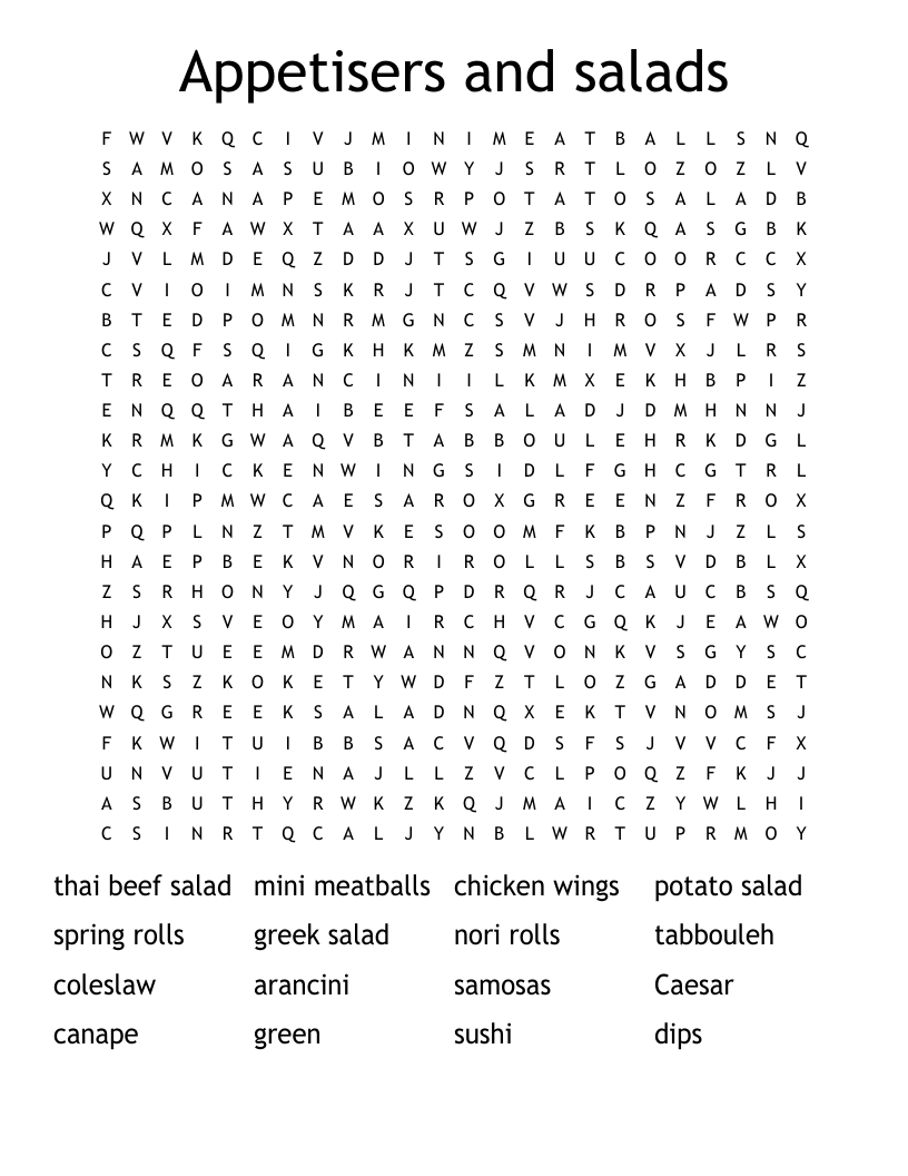 Appetisers and salads Word Search