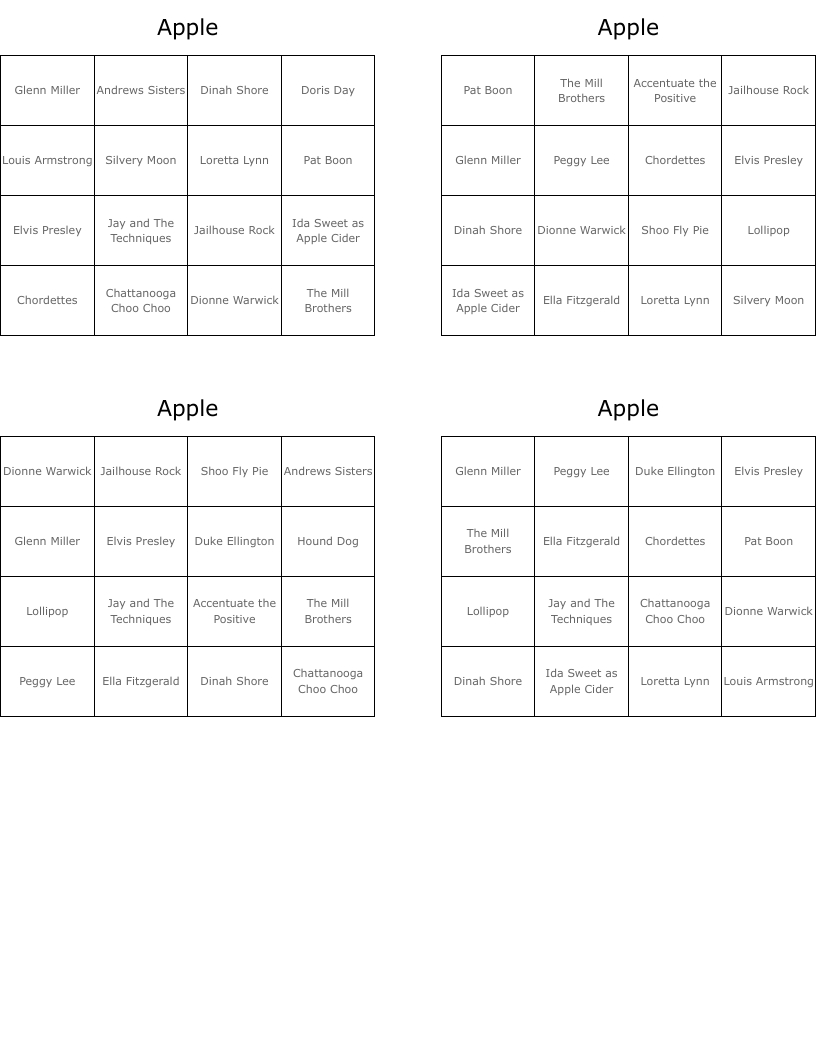 Apple Bingo Cards