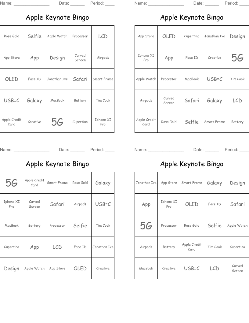 Apple Keynote Bingo