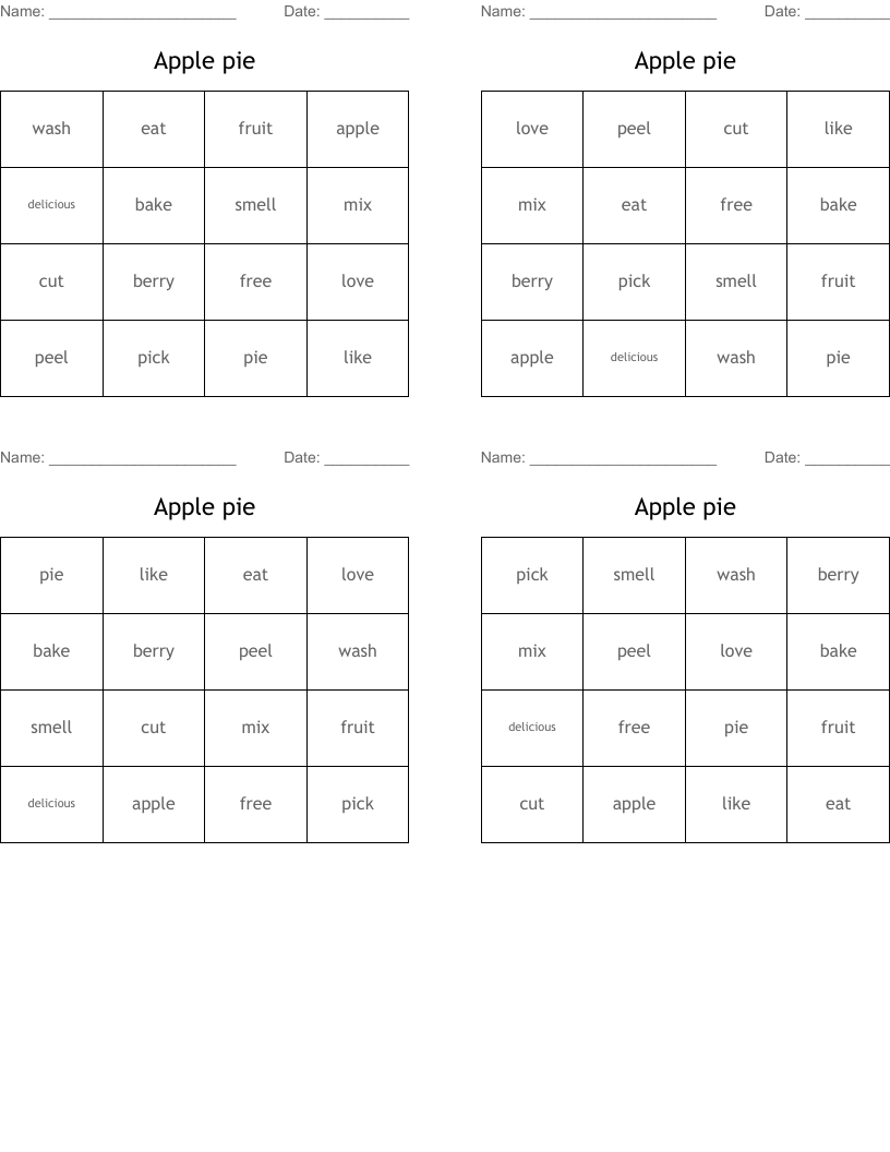 Apple pie Bingo Cards
