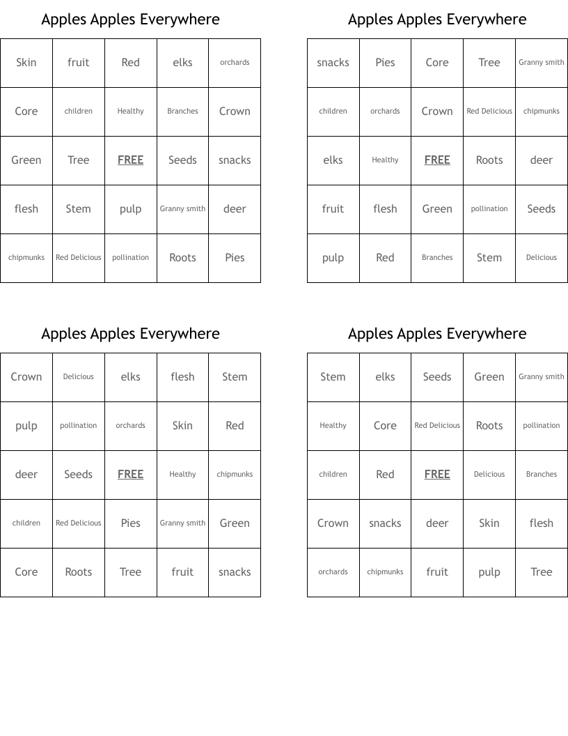 Apples Apples Everywhere Bingo Cards