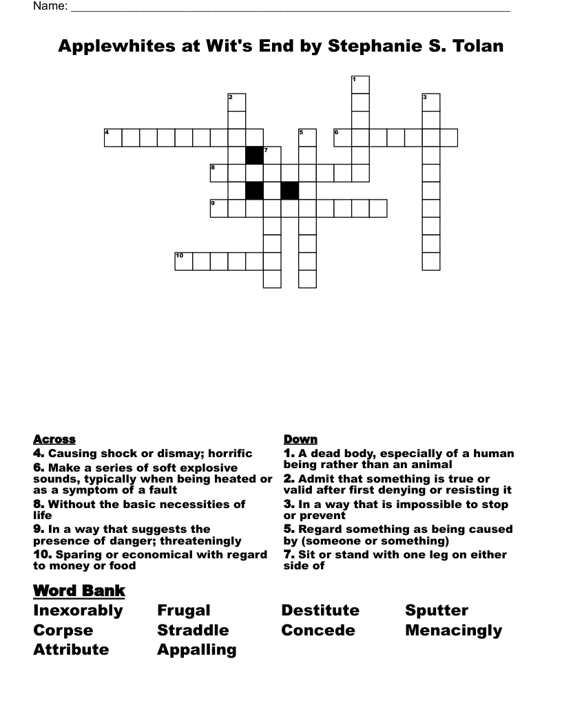 Applewhites at Wit's End by Stephanie S. Tolan Crossword