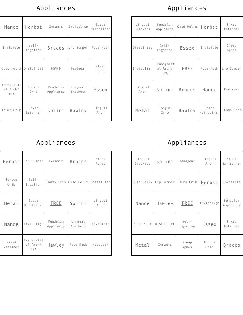Appliances Bingo Cards