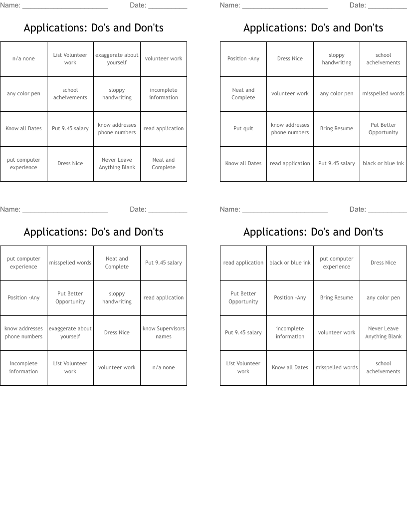 Applications: Do's and Don'ts Bingo Cards