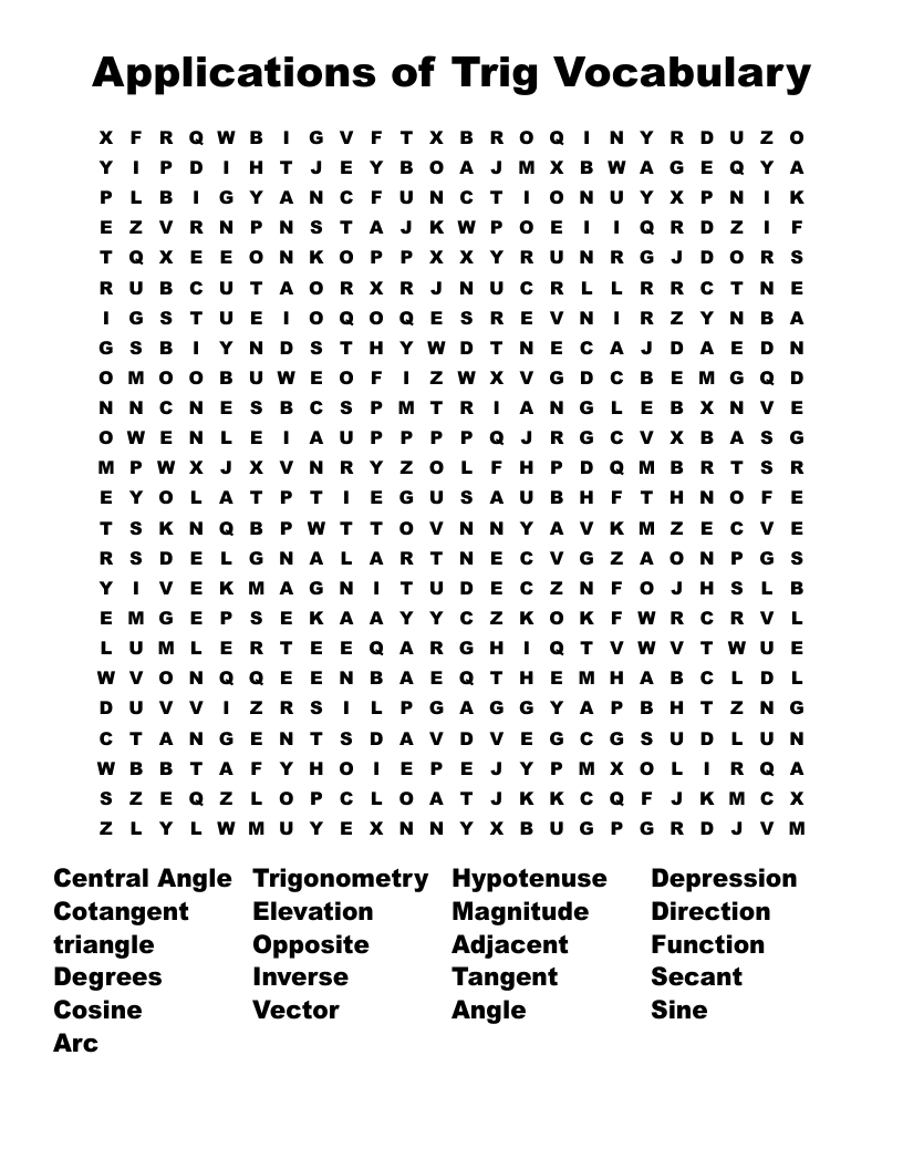 Applications of Trig Vocabulary Word Search