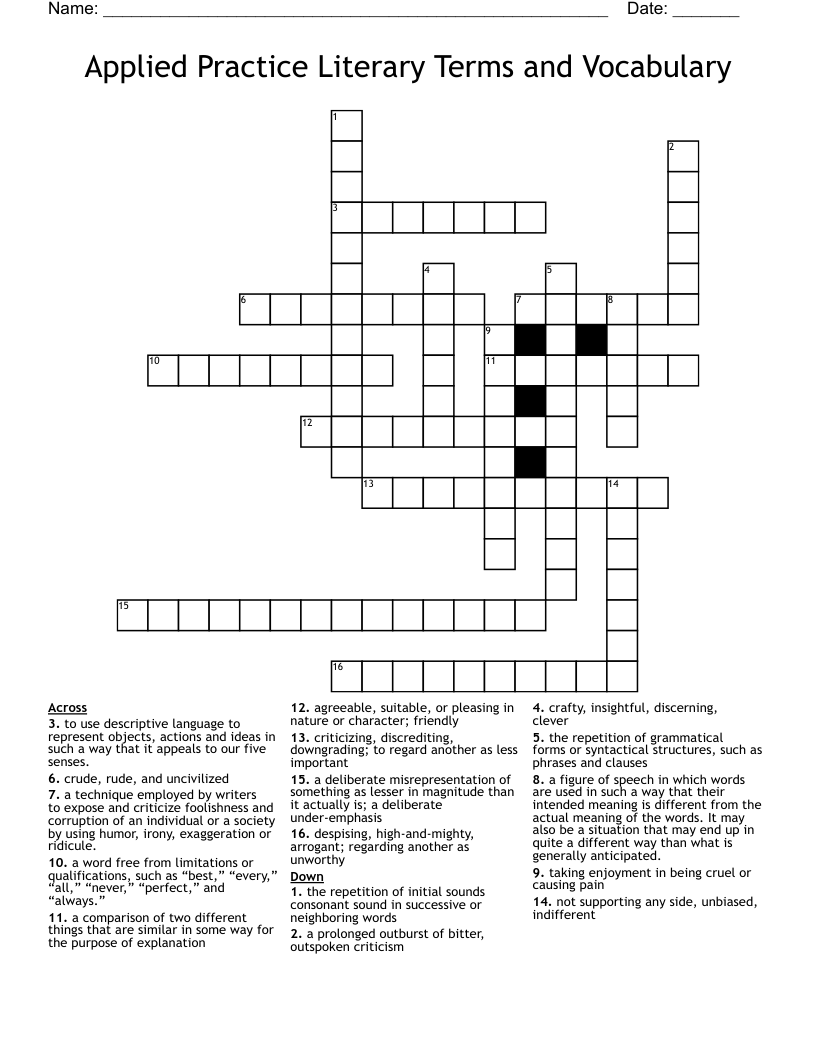 Applied Practice Literary Terms and Vocabulary Crossword