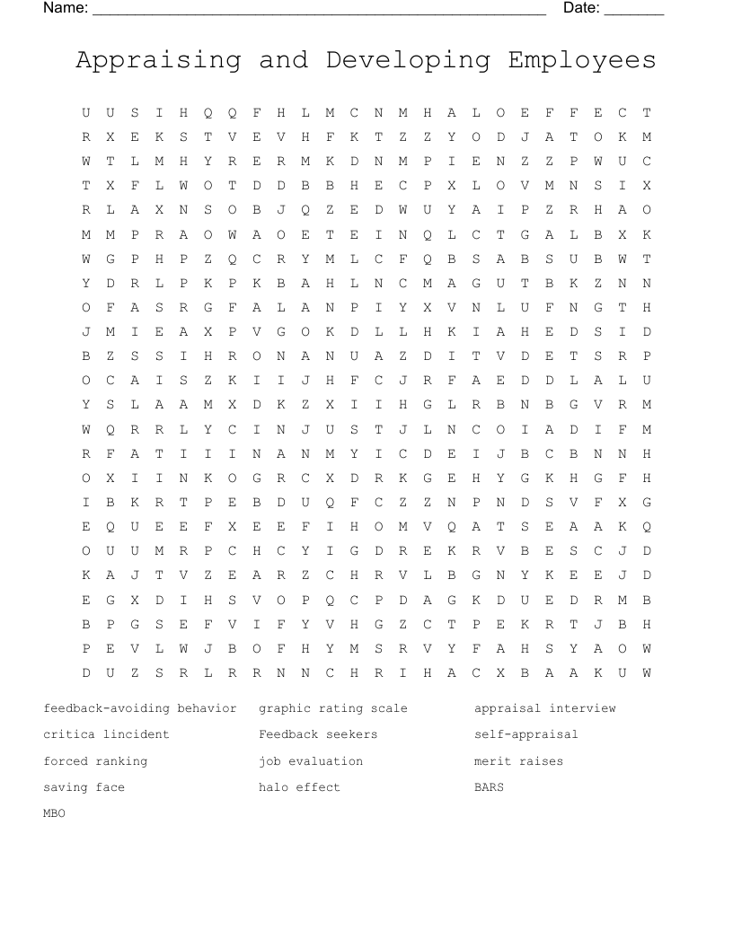 Appraising and Developing Employees Word Search