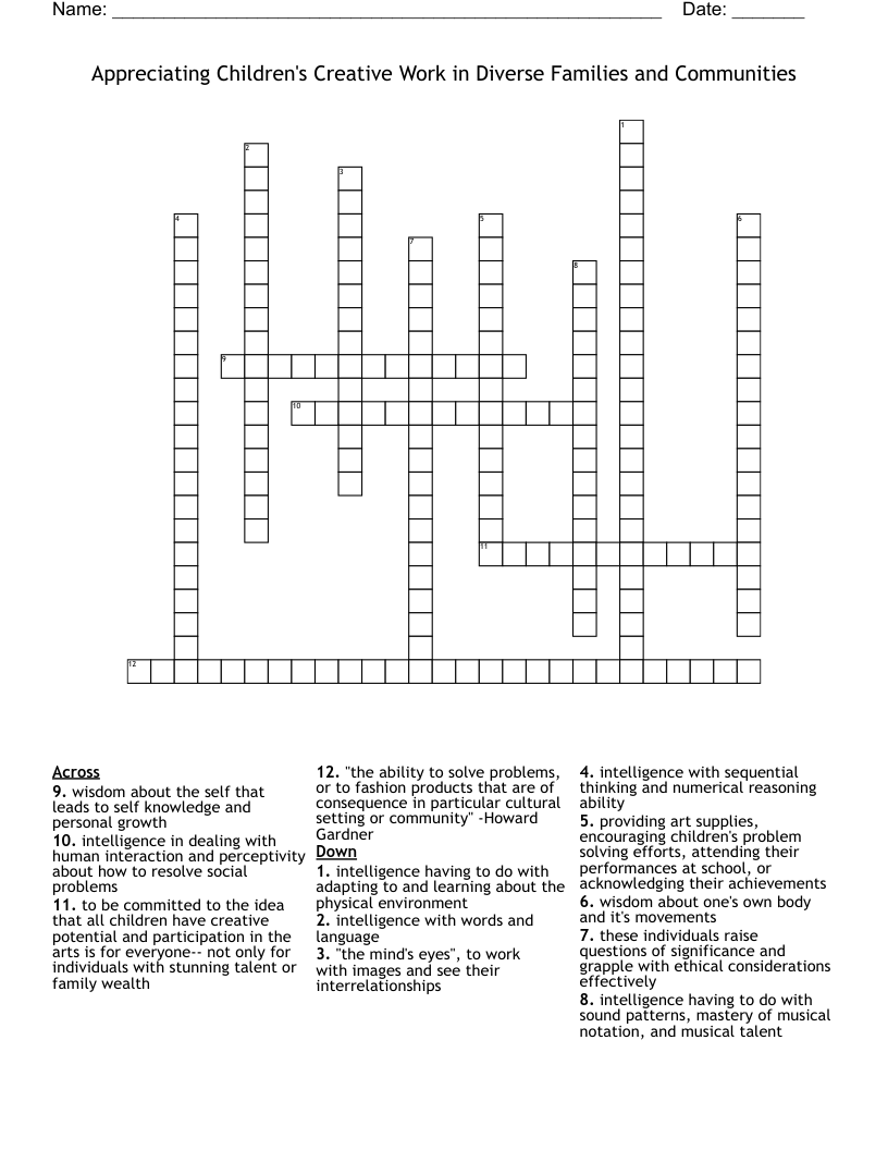 Appreciating Children's Creative Work in Diverse Families and Communities Crossword
